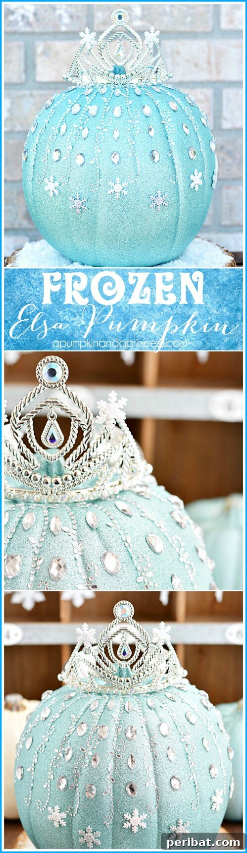 Frozen Elsa pumpkin, glittery icy blue with snowflakes and tiara