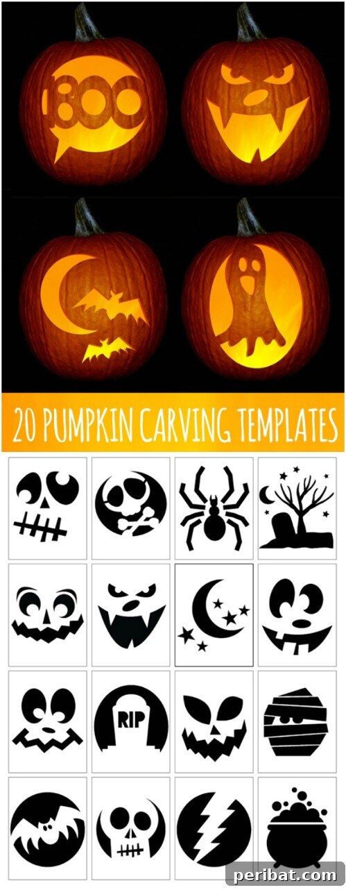 Pumpkins decorated with simple printable designs for easy carving or painting