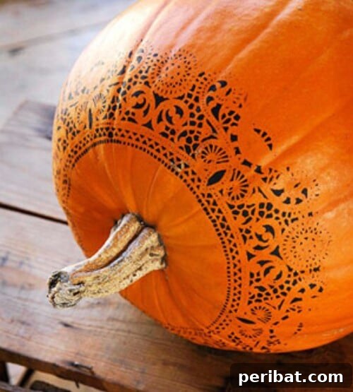 Stenciled Lace Patterns on pumpkins for delicate, no-carve decoration