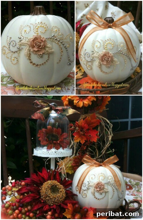 Crystal Appliqué Pumpkins adorned with sparkling jewels and faux flowers