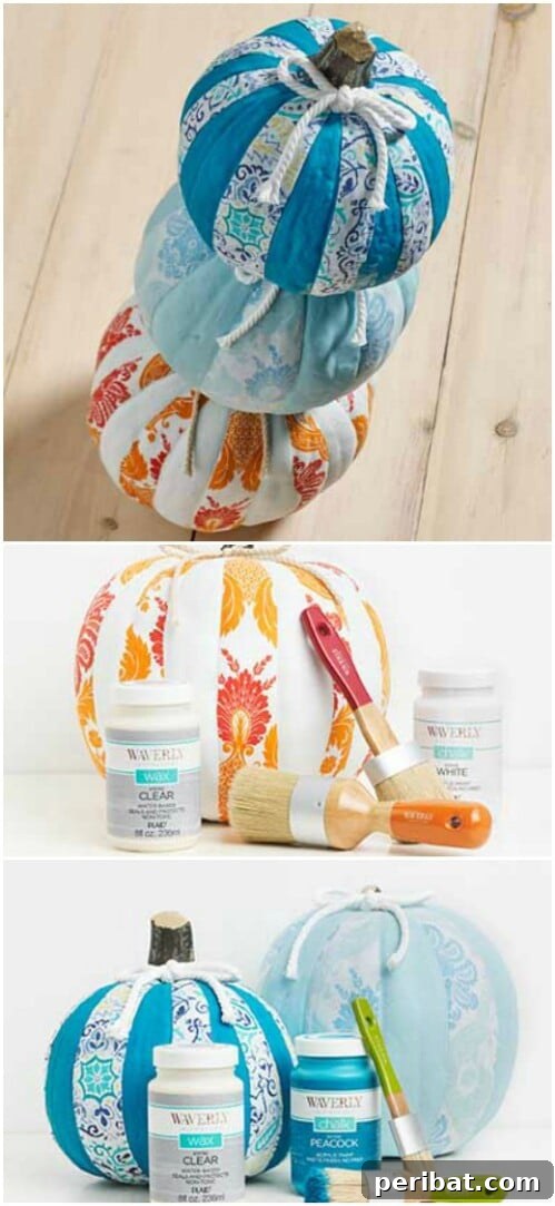 Beautiful Fabric-Covered Pumpkins with alternating patterns and Mod Podge