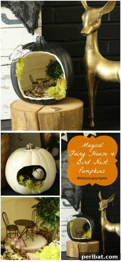 Fairy and Birdhouse Pumpkins, intricately designed whimsical decor
