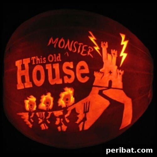 Ghoul Bus pumpkin with gourds as wheels, a creative and spooky Halloween vehicle