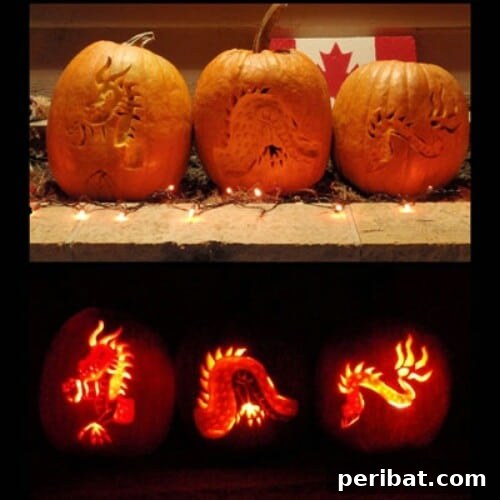 Continuous image of a Chinese dragon carved across multiple pumpkins for a panoramic display