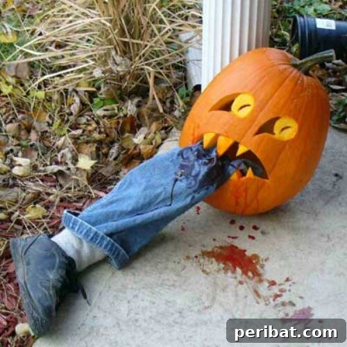 Leg-Eating Pumpkin with a severed limb prop, a spooky and humorous Halloween idea