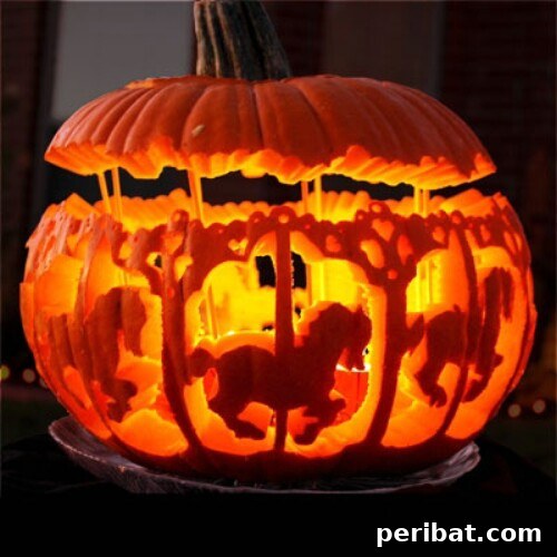 Haunted Carousel pumpkin, an intricate and unique Halloween carving that creates an illusion
