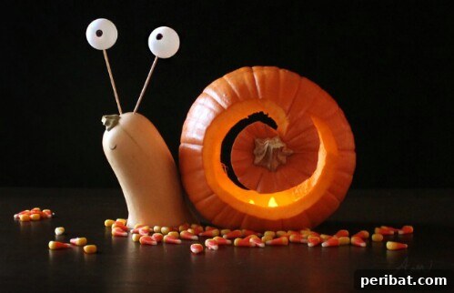 Pumpkin Snail with a butternut squash body, a very cute and clever garden decoration