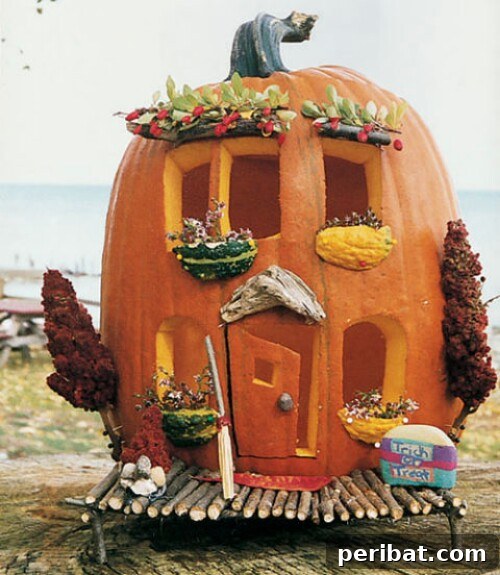 Pumpkin House with carved windows and door, decorated exterior for a whimsical look