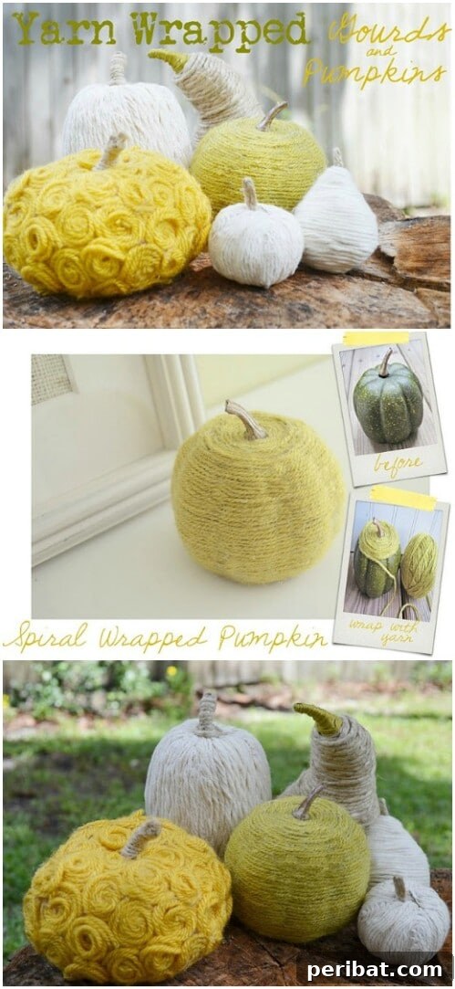 Yarn-Wrapped Pumpkins and gourds in various patterns and colors