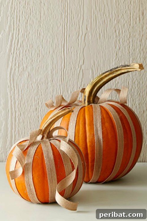 Burlap Ribbon Pumpkins, highlighting natural pumpkin lines with rustic fabric