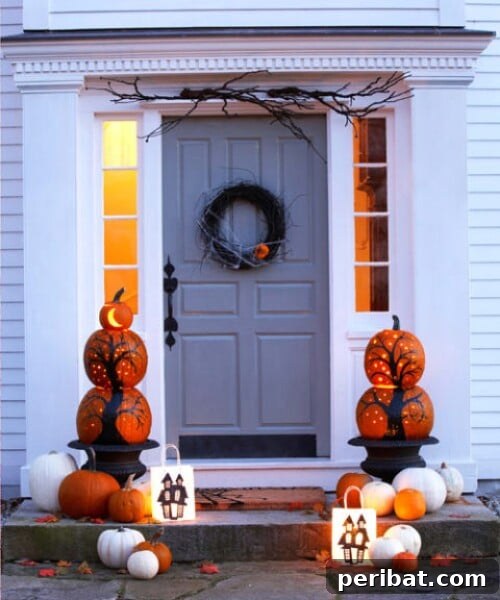 Pumpkin Tree Pillars, stacked pumpkins creating a vertical, towering display