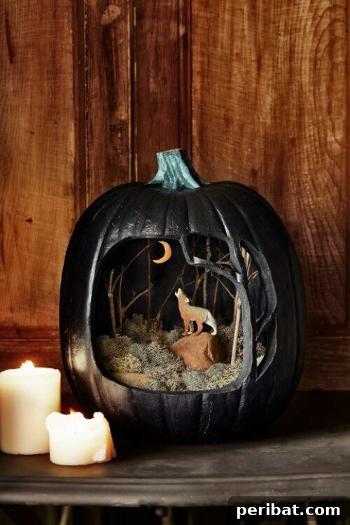 Nighttime Diorama Pumpkin with an intricate, glowing scene inside a carved opening