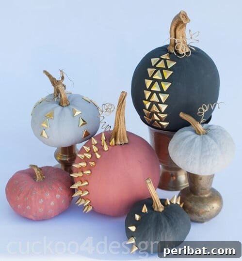 Studded Chalk Paint Pumpkins with gold accessories, offering a glamorous and modern look