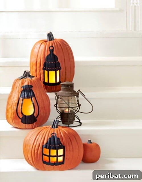 Pumpkins cleverly carved and painted with lantern images that glow from inside