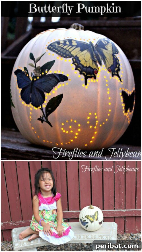 Butterfly Pumpkin using decoupage and drilled holes for a glowing effect, beautiful day and night
