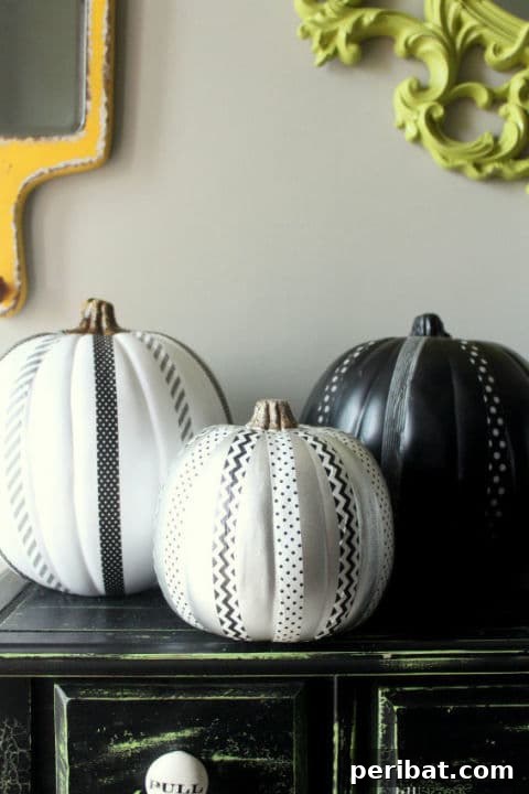 Washi Tape Pumpkins with black and white patterns, a quick and easy DIY