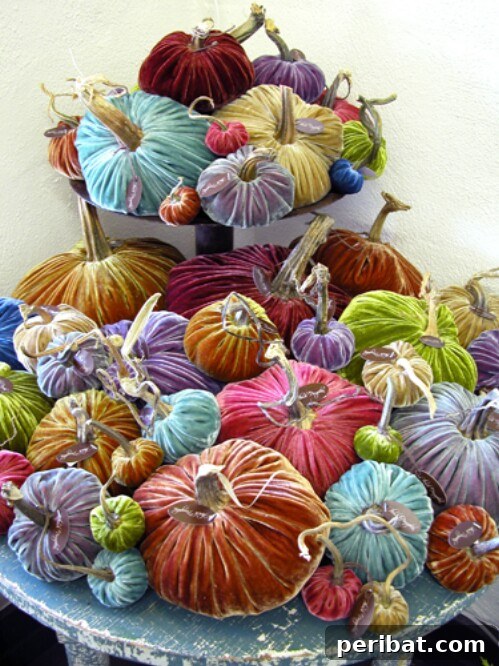 DIY Velvet Pumpkins with real dried stems, rich and colorful fabric creations
