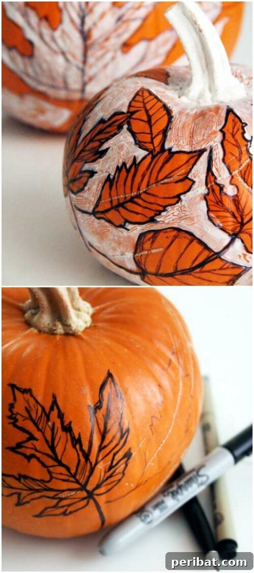 Pumpkin with beautiful freehand sketches of leaves, a unique artistic decoration