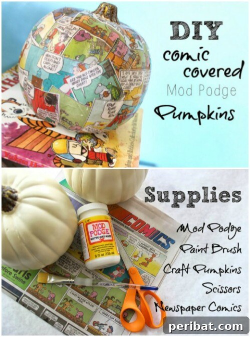 Comic-Covered Pumpkins using old newspaper comics, a fun decoupage project