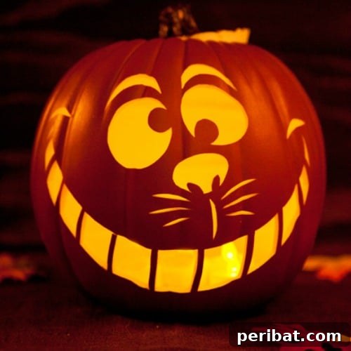 Cheshire Cat pumpkin carving, inspired by Alice in Wonderland's iconic smile