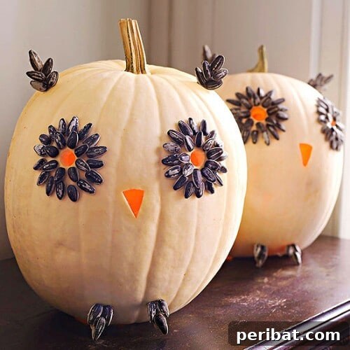 Cute Owl Pumpkins made with minimal carving and sunflower seeds