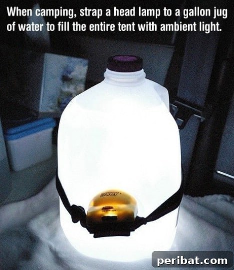 Point a head lamp into a jug of water for portable night lantern, diffusing light for ambient glow