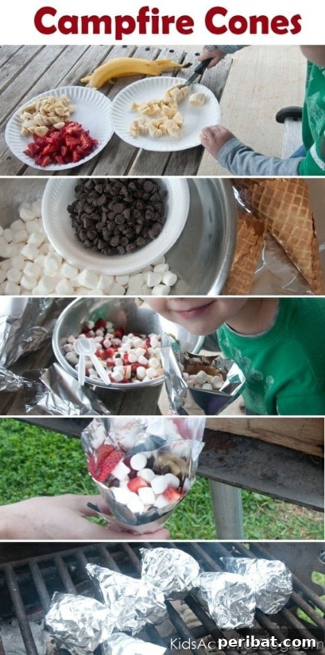 Camp Fire Food: Fruit & Smore Cones - A fun and easy dessert over the campfire