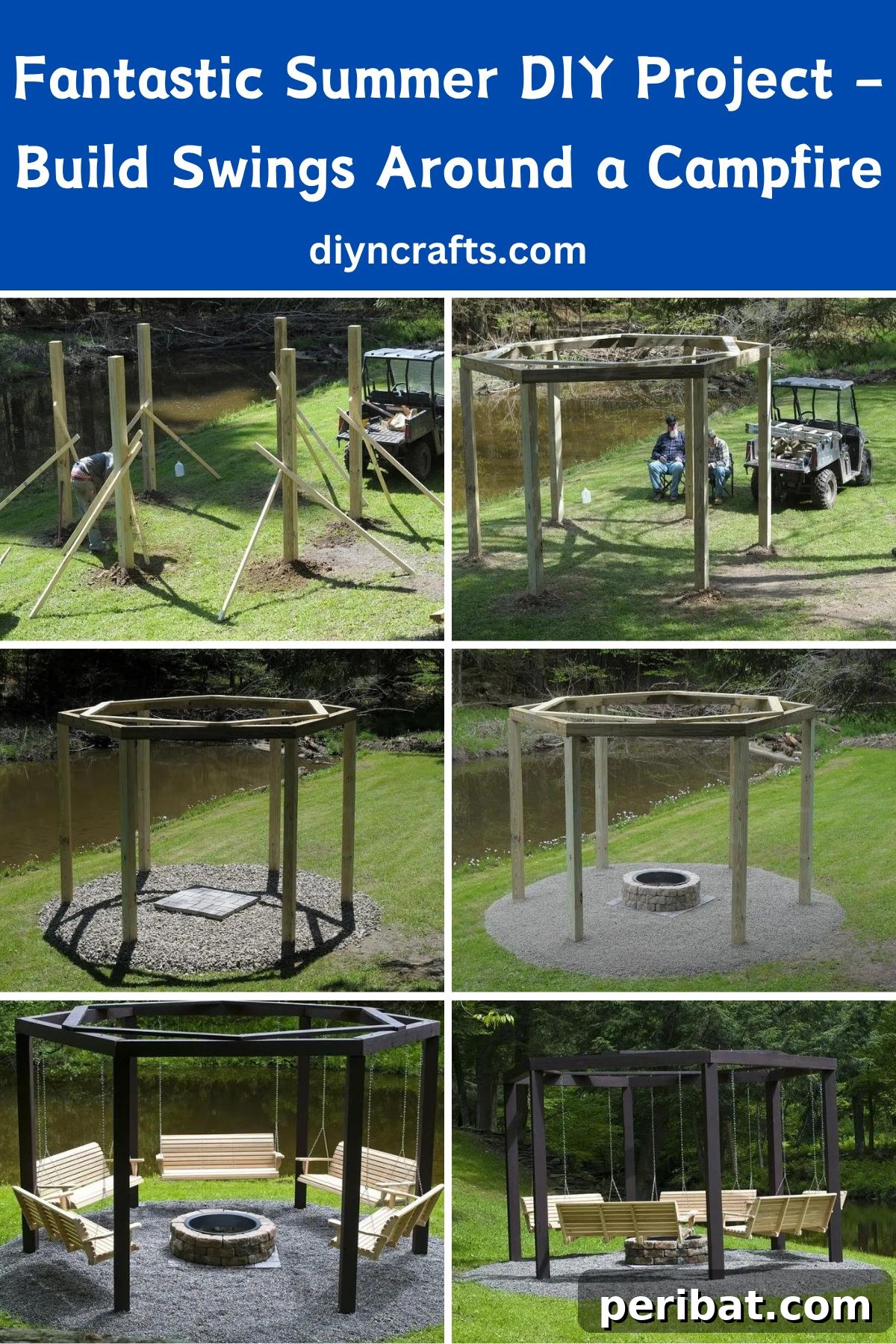 Swing Into Summer Build Campfire Swings 2 Fantastic Summer DIY Project – Build Swings Around a Campfire collage. Create an inviting backyard oasis with a custom fire pit swing area.