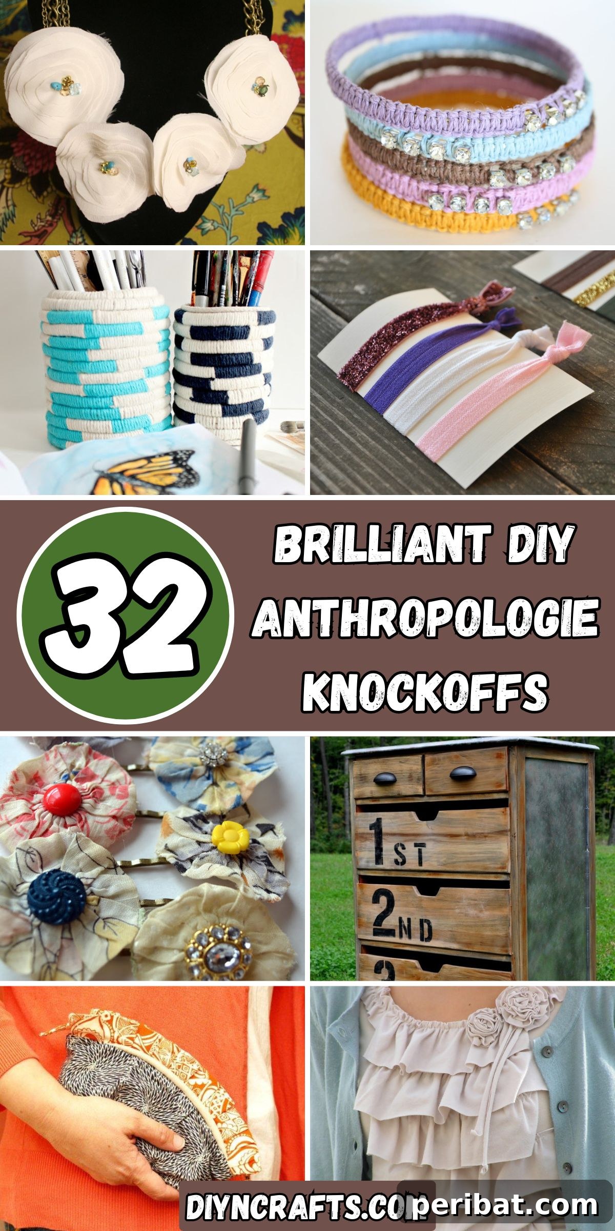32 Clever Anthropologie Style DIY Projects 2 32 Brilliant DIY Anthropologie Knockoffs collage featuring various handmade items like bedding, a dresser, mugs, and jewelry.