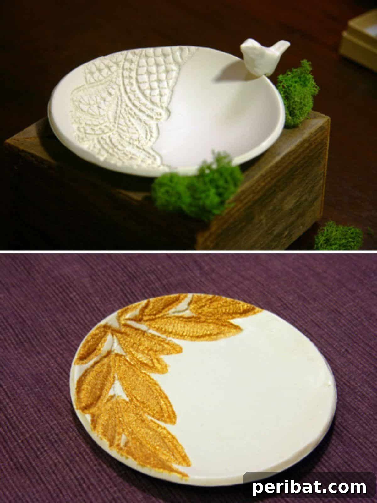 32 Clever Anthropologie Style DIY Projects 23 Anthro inspired lace embossed dish, a delicate ceramic piece with intricate patterns.