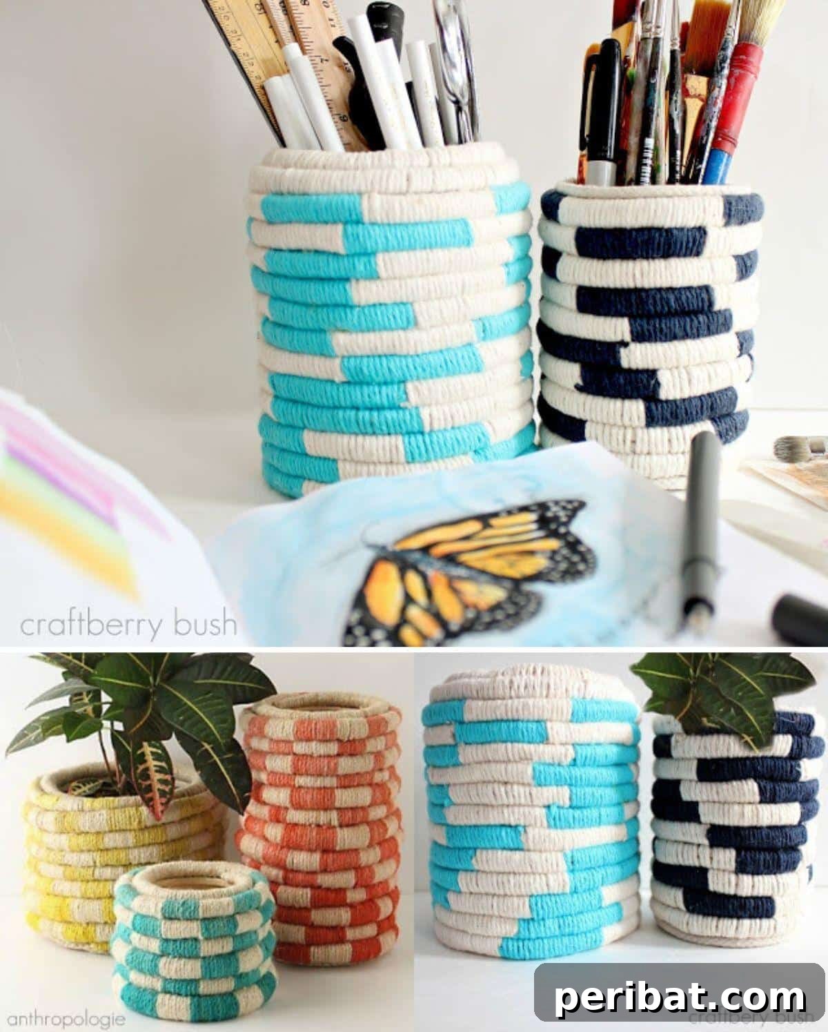 32 Clever Anthropologie Style DIY Projects 25 DIY Anthro inspired rope coil planters, showcasing textured, natural-fiber pots.