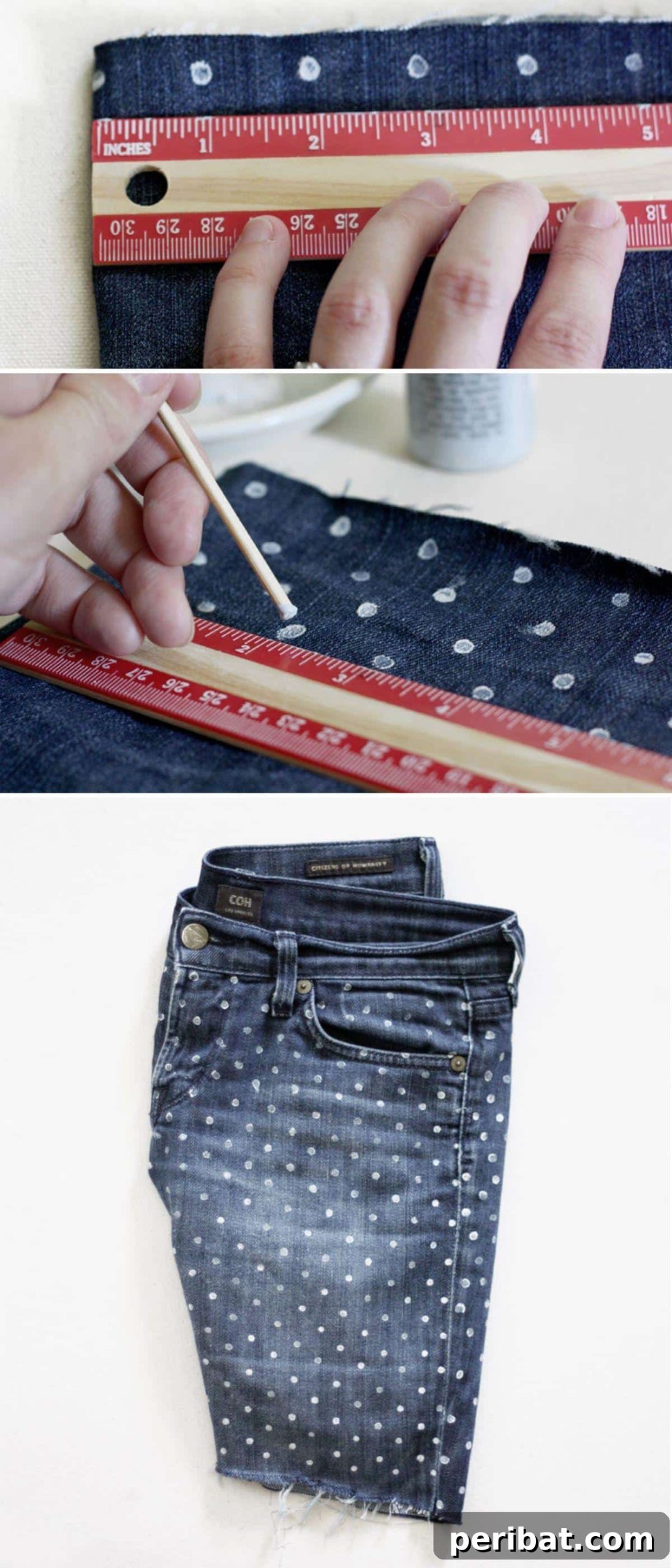 32 Clever Anthropologie Style DIY Projects 26 DIY polka dotted denim, showing a fun and customizable clothing project.