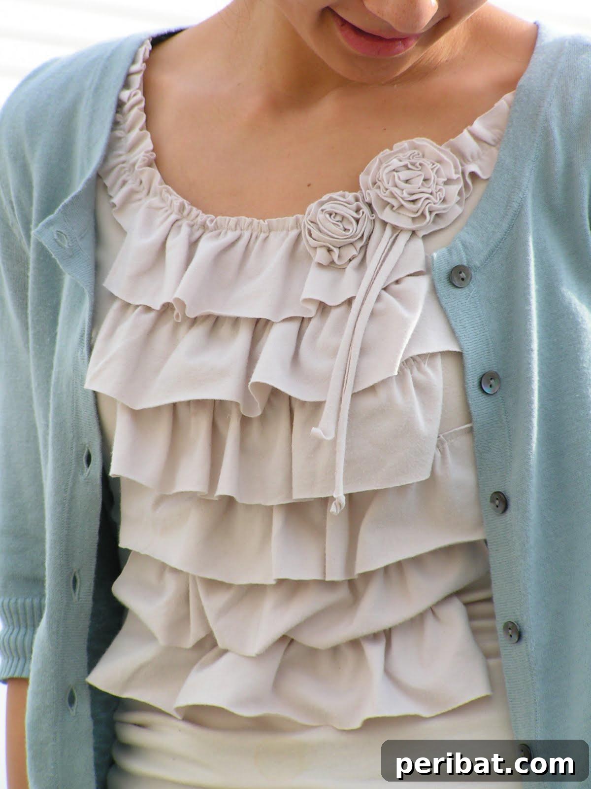 32 Clever Anthropologie Style DIY Projects 6 1$ Shirt makeover demonstrating a ruffled fabric transformation.