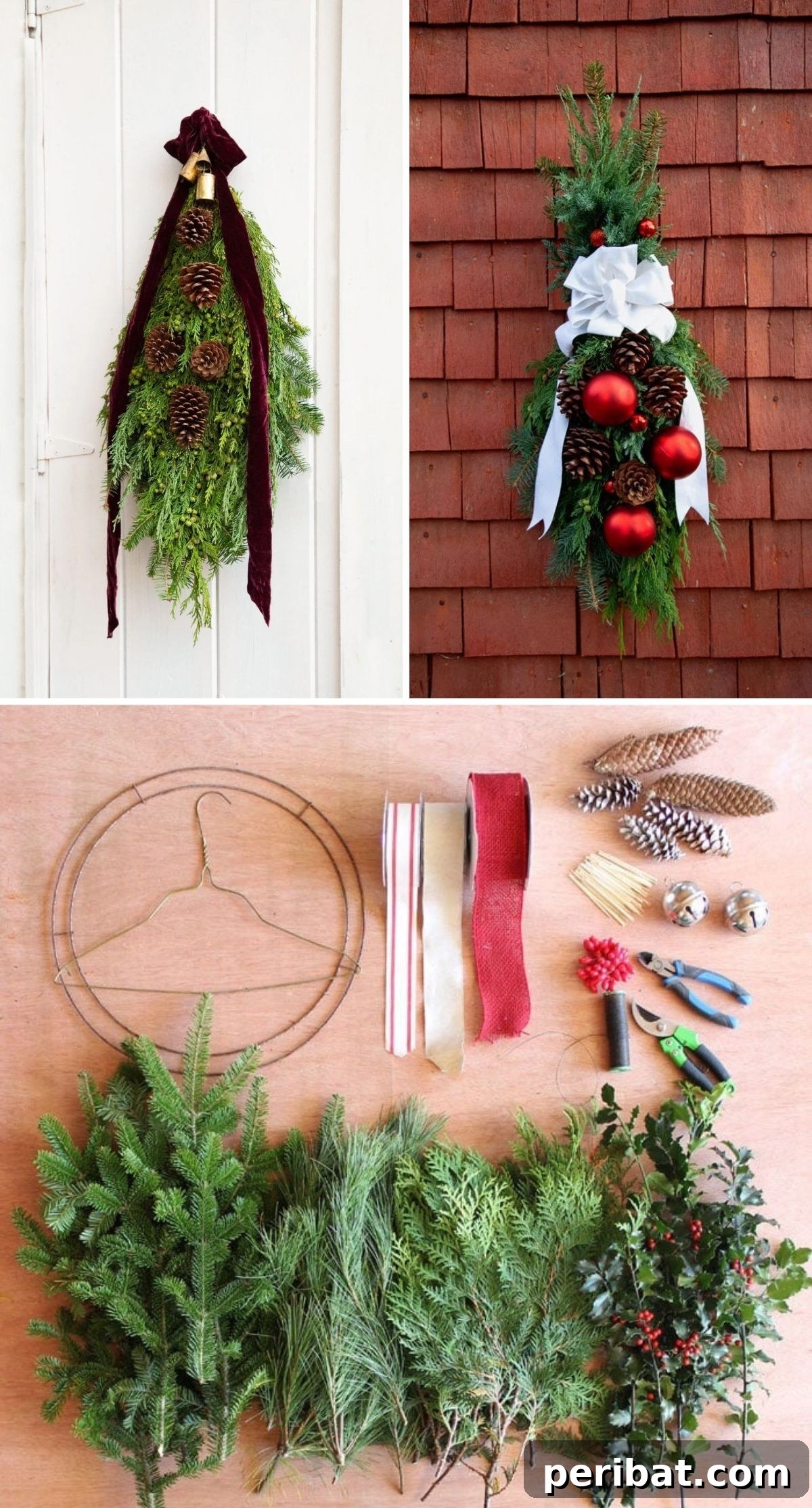 DIY Holiday Door Decorating Ideas for a Joyful Welcome 11 Adorn your door with a classic DIY Traditional Christmas Swag, made from natural evergreens, a wire hanger, and festive embellishments