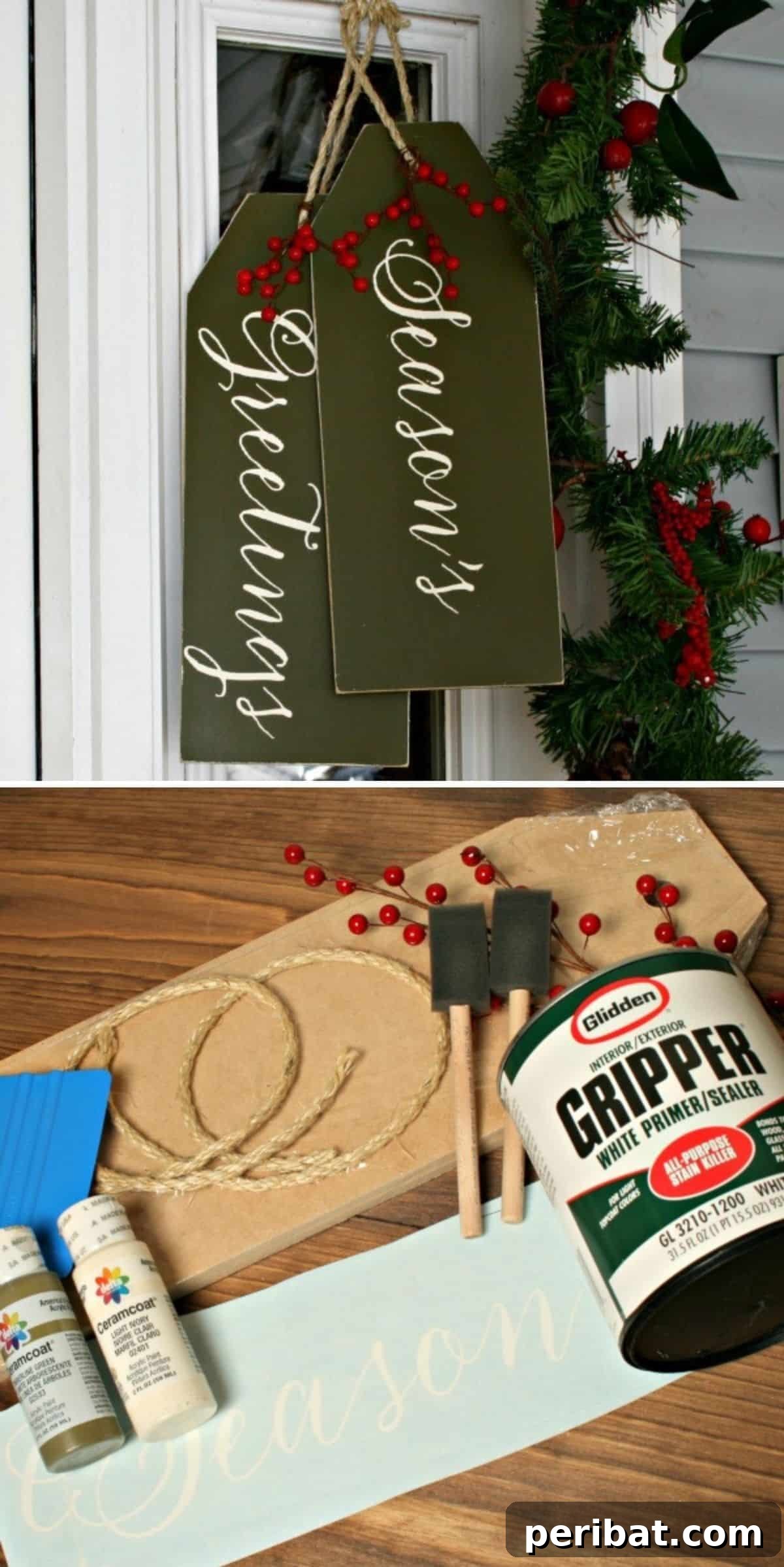 DIY Holiday Door Decorating Ideas for a Joyful Welcome 12 Spread holiday cheer with giant DIY Door Tags, weatherproofed and decorated with festive accents like red berries, offering a charming wreath alternative