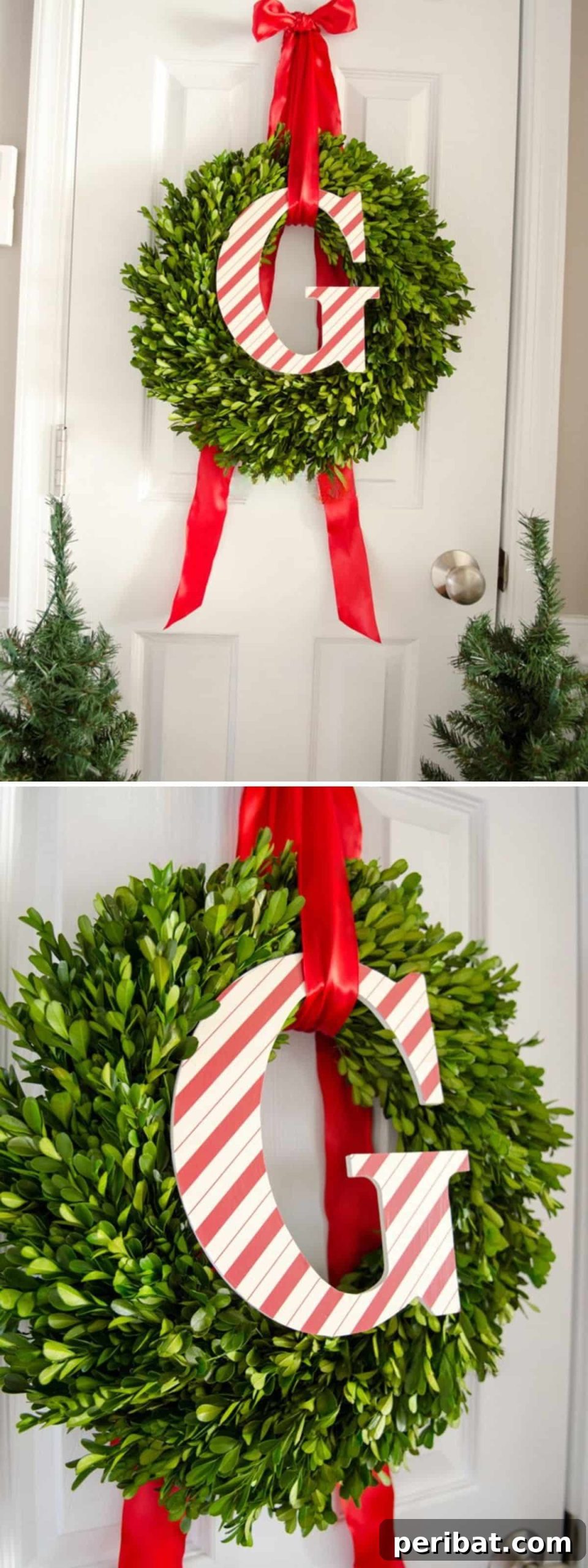 DIY Holiday Door Decorating Ideas for a Joyful Welcome 13 Personalize your entryway with a unique DIY Monogram Wreath, featuring candy cane-inspired lettering against green foliage, adorned with a festive red ribbon