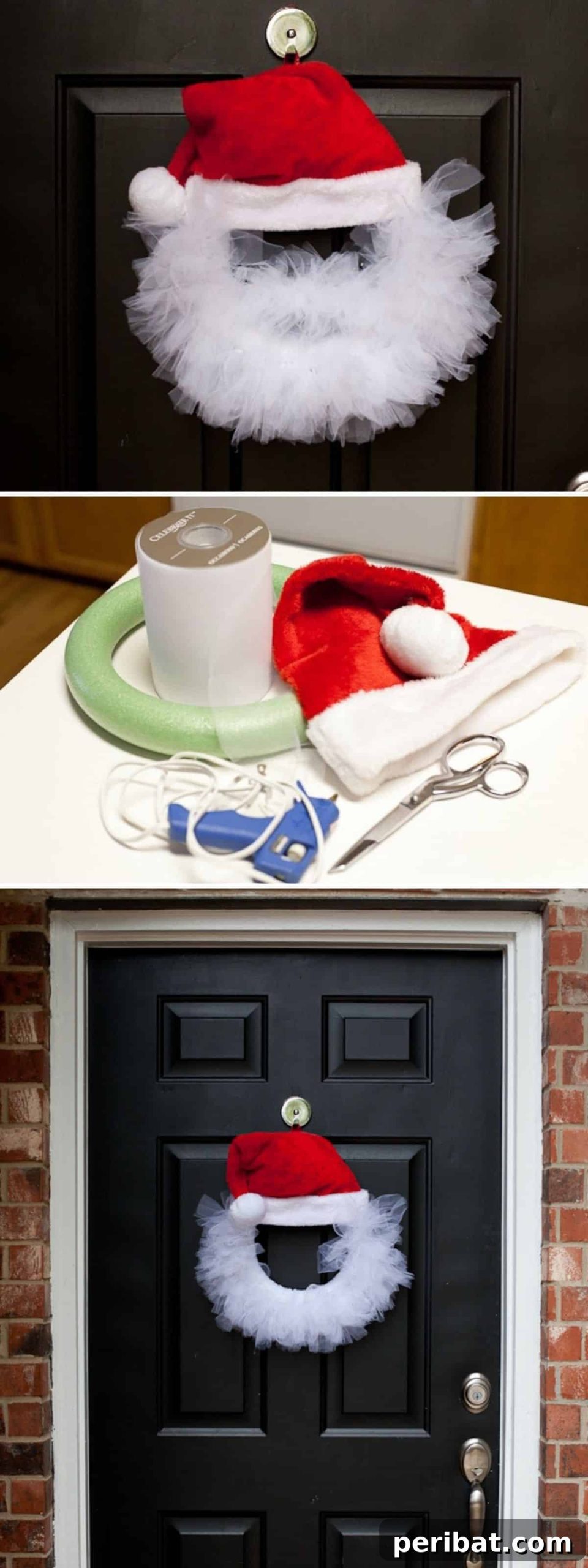 DIY Holiday Door Decorating Ideas for a Joyful Welcome 14 Craft an adorable DIY Santa Wreath from tulle, topped with a Santa hat, to add whimsical and festive charm to your front door this Christmas