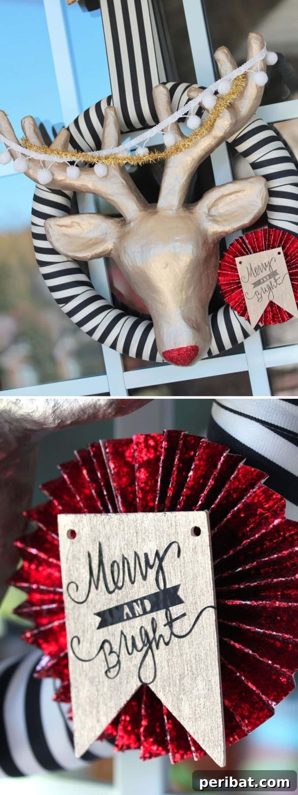 DIY Holiday Door Decorating Ideas for a Joyful Welcome 16 Craft an elegant golden DIY Rudolph Wreath with a famous red nose, made from papier-mâché and craft materials, adding whimsical charm to your door