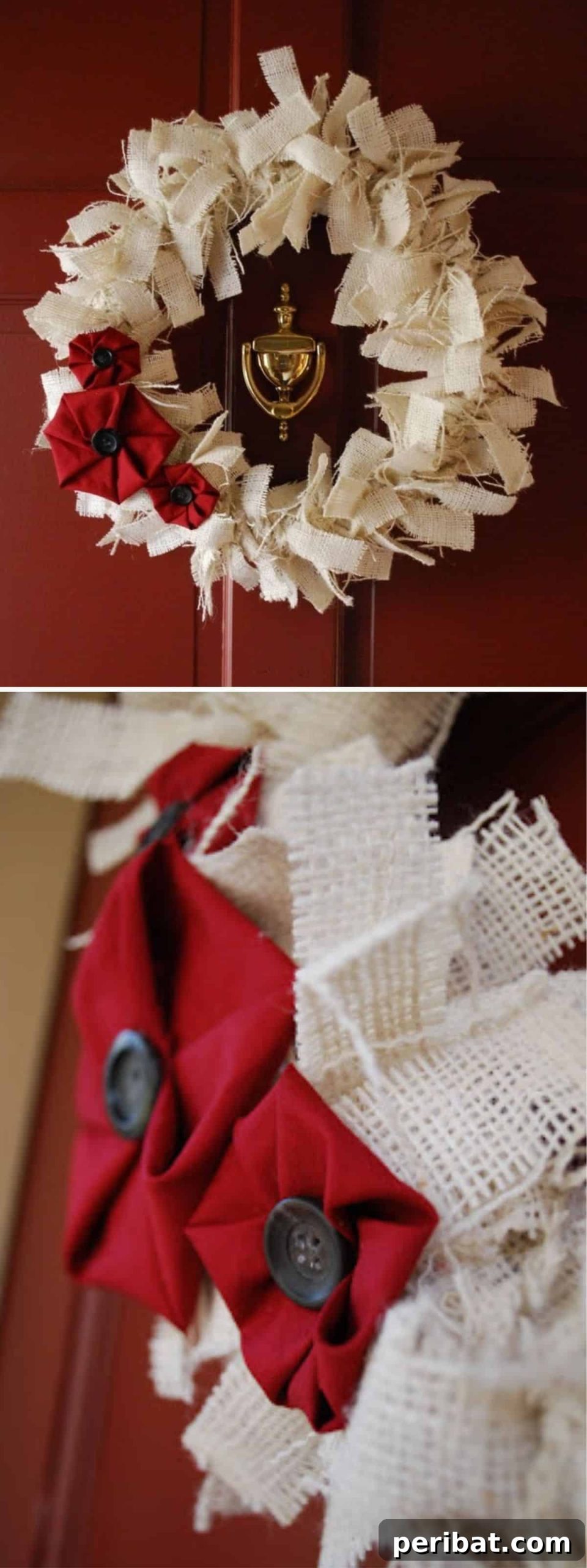 DIY Holiday Door Decorating Ideas for a Joyful Welcome 19 Create a rustic and gorgeous DIY Burlap Christmas Wreath by tying torn strips of burlap around a wreath form, customizable with various colors