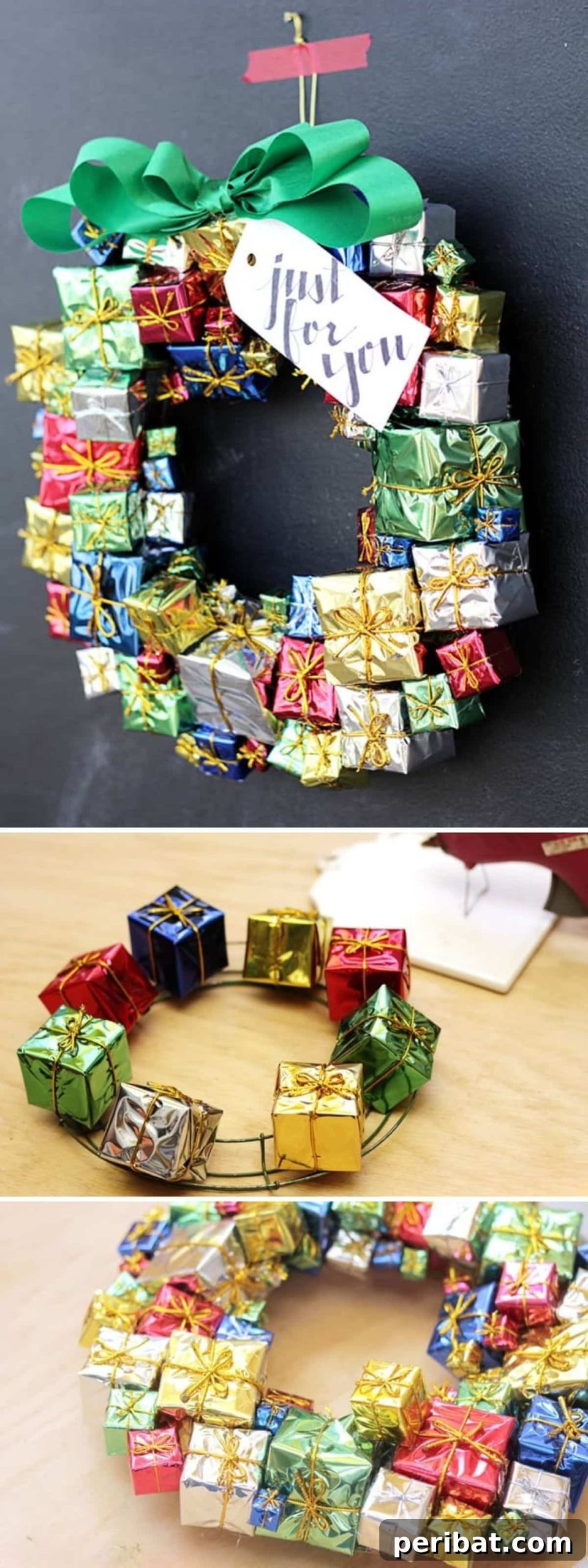 DIY Holiday Door Decorating Ideas for a Joyful Welcome 21 Construct a festive DIY Gift Wreath using small foil presents from the Dollar Store, easily assembled on a wire form or a repurposed coat hanger