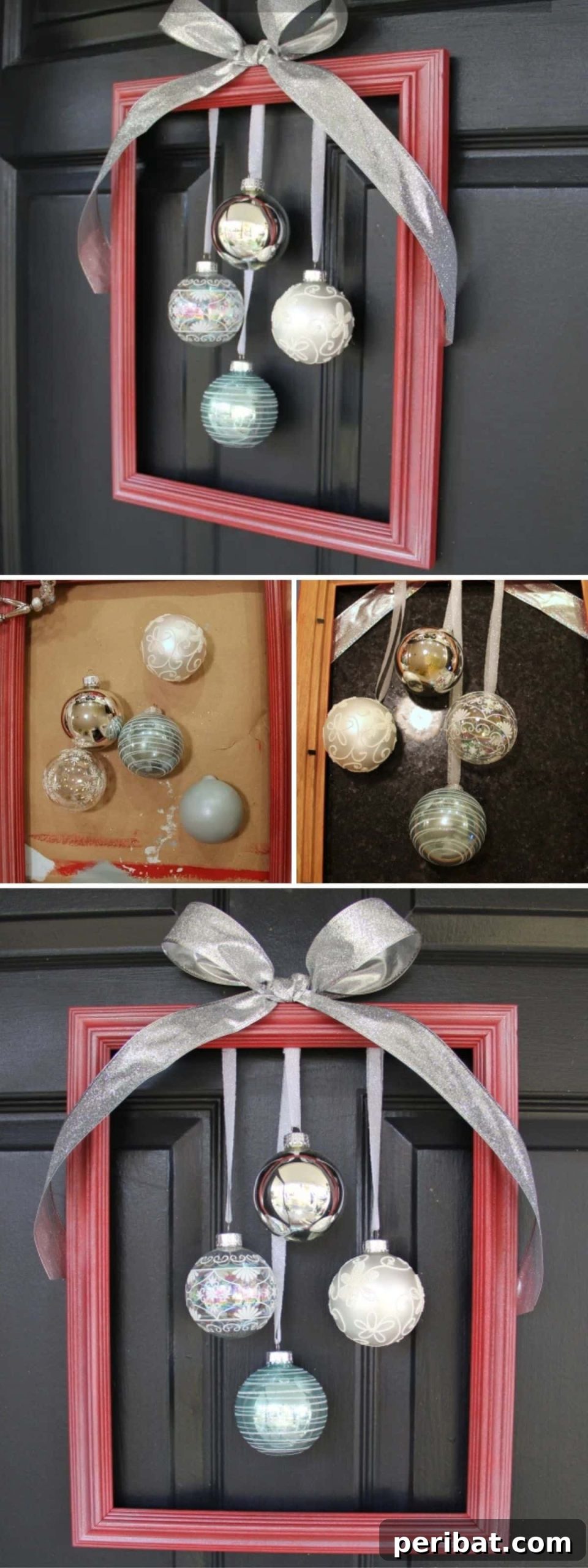 DIY Holiday Door Decorating Ideas for a Joyful Welcome 22 Create a beautiful DIY Framed Ornament Hanger using a picture frame without glass, ornaments, and ribbon, offering a unique and elegant door decoration