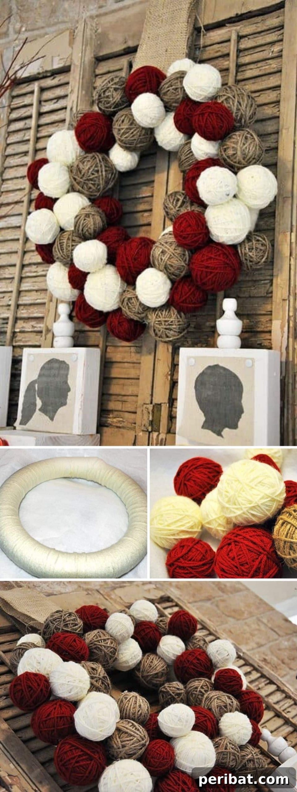 DIY Holiday Door Decorating Ideas for a Joyful Welcome 5 Create a cozy and rustic DIY Yarn Ball Wreath for a unique Christmas door decoration, featuring varied textures and colors of yarn