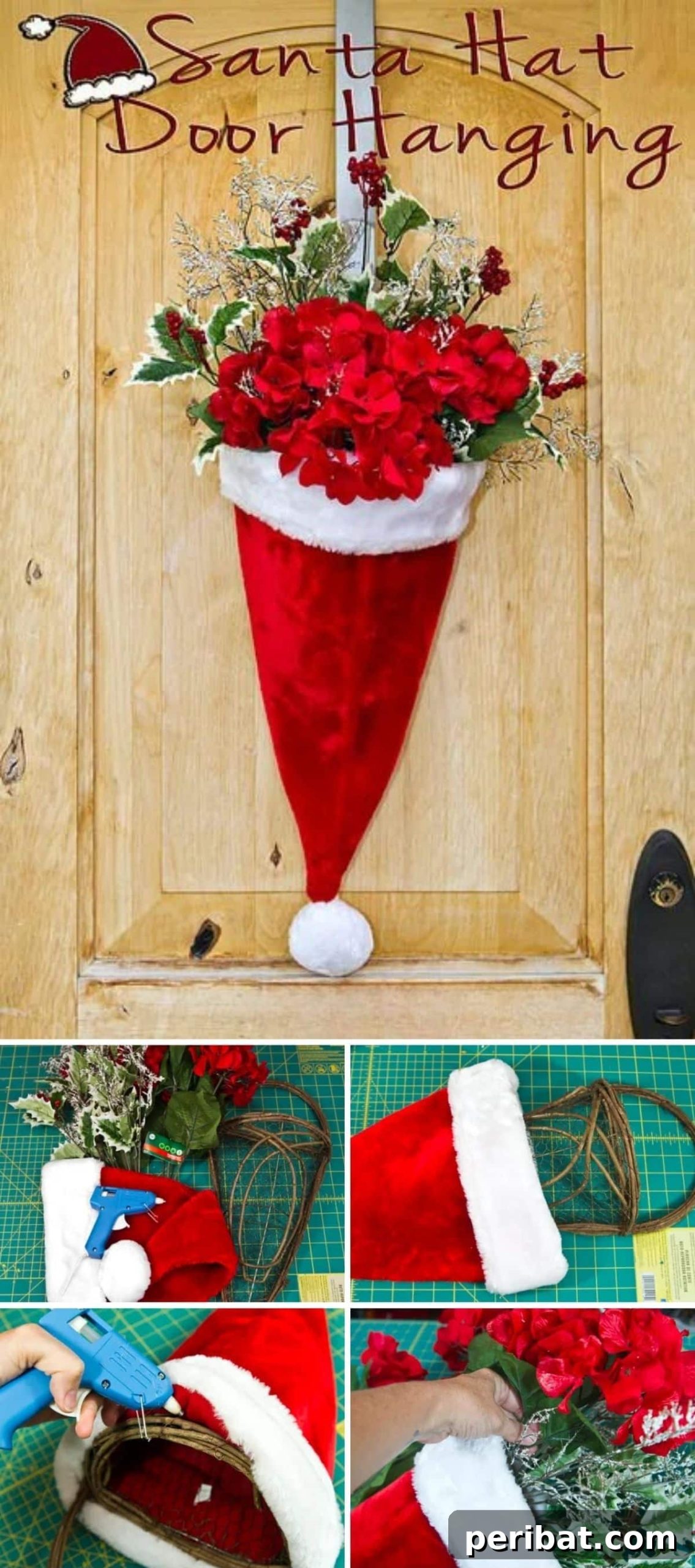 DIY Holiday Door Decorating Ideas for a Joyful Welcome 8 Hang a festive and creative DIY Santa Hat Door Hanging, filled with holiday greenery and flowers, as a charming alternative to a traditional wreath
