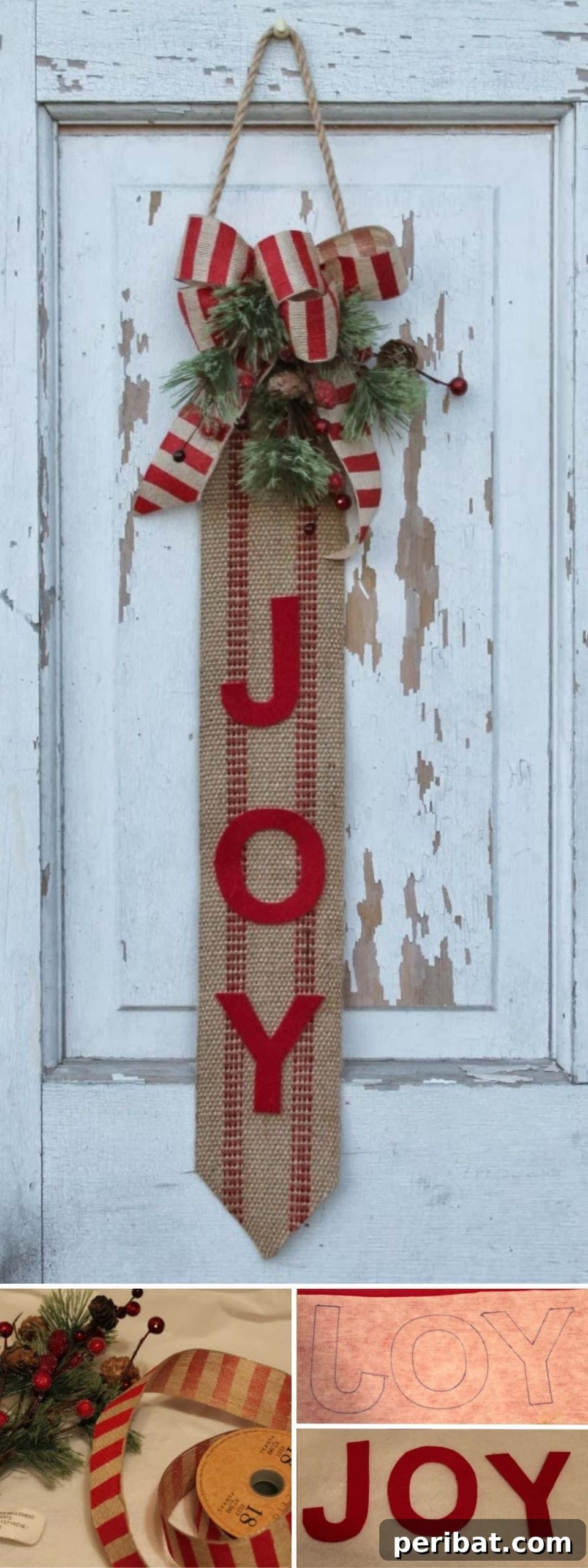 DIY Holiday Door Decorating Ideas for a Joyful Welcome 9 Spread holiday cheer with a beautiful DIY JOY Door Hanging, crafted from rustic burlap and embellished with festive accents like berries and bells
