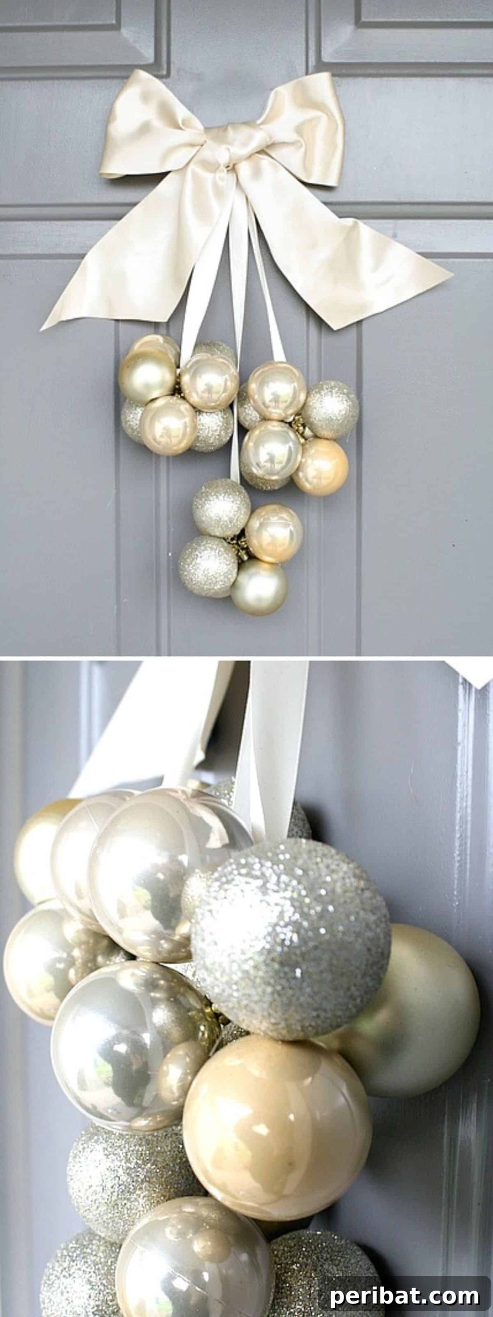 DIY Holiday Door Decorating Ideas for a Joyful Welcome 10 Create an elegant DIY Ornament Hanging for your door using leftover Christmas ornaments, ribbon, and fishing line for a quick and stunning display