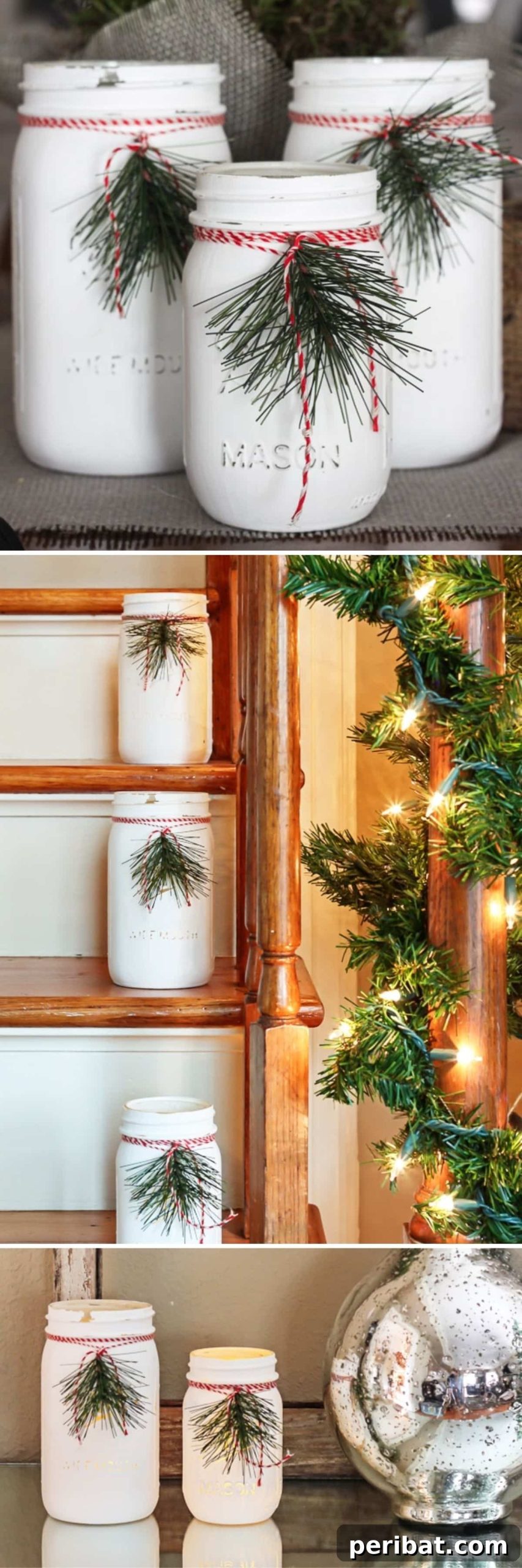 25 DIY Farmhouse Christmas Decor Ideas for a Rustic Country Christmas 12 Mason Jar Luminaries with white paint and festive ribbon for country Christmas lighting