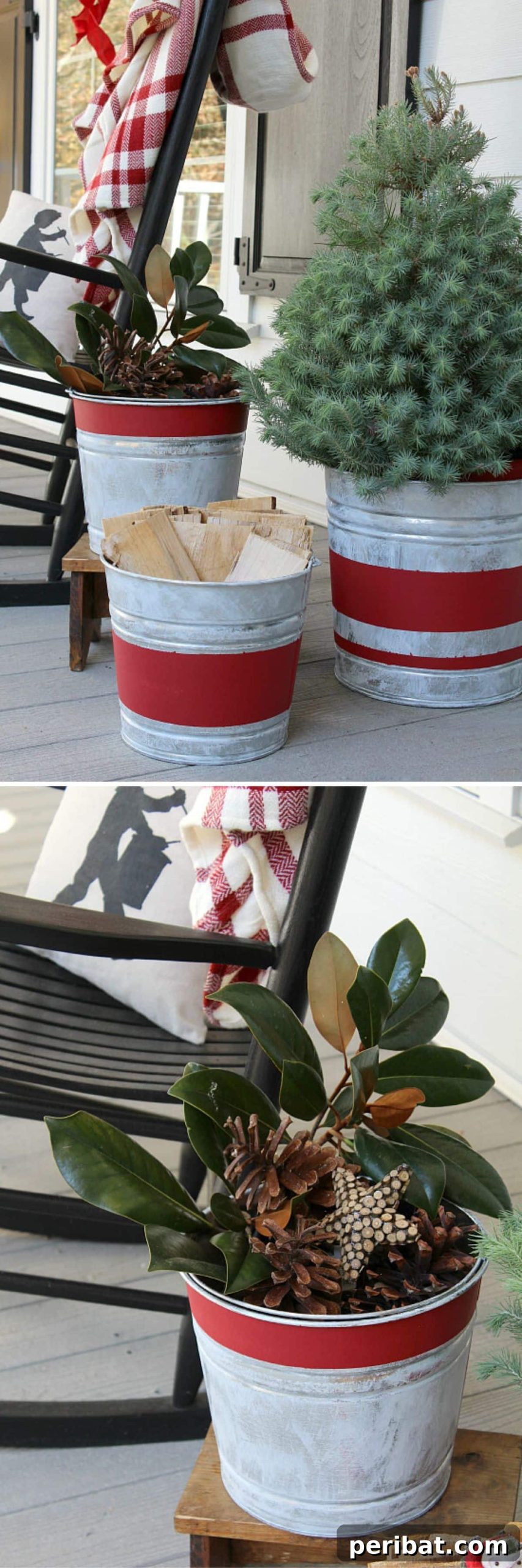 25 DIY Farmhouse Christmas Decor Ideas for a Rustic Country Christmas 13 Vintage Striped Galvanized Buckets filled with greenery for farmhouse Christmas decor