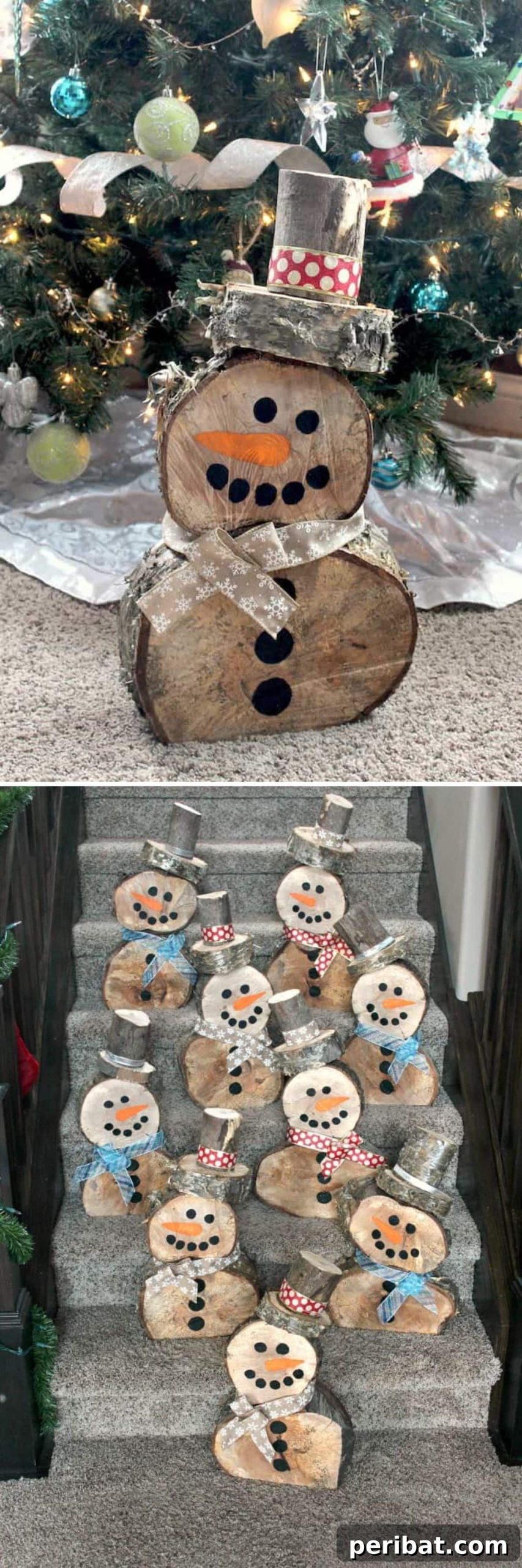 25 DIY Farmhouse Christmas Decor Ideas for a Rustic Country Christmas 17 Rustic Log Snowman crafted from natural wood rounds for cozy farmhouse warmth