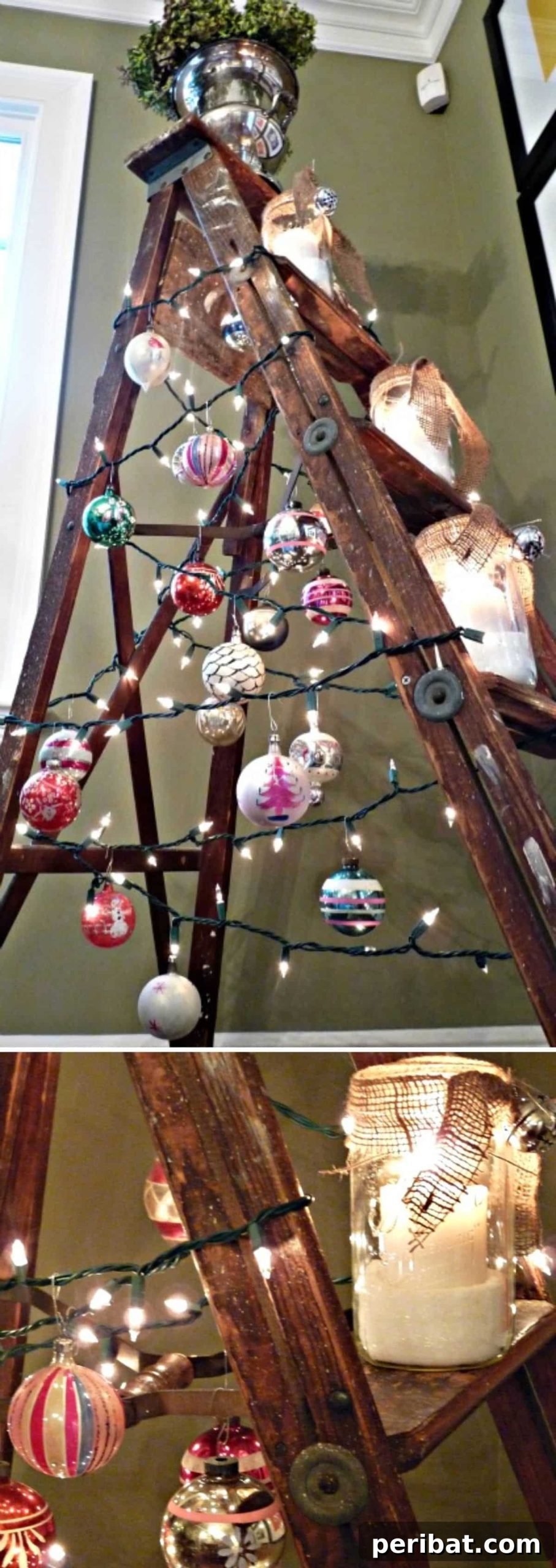 25 DIY Farmhouse Christmas Decor Ideas for a Rustic Country Christmas 18 Ladder Christmas Tree decorated with ornaments for a country farmhouse feel