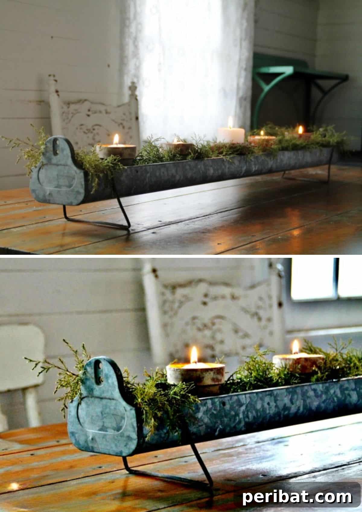 25 DIY Farmhouse Christmas Decor Ideas for a Rustic Country Christmas 19 Repurposed Candle Holder Centerpiece using a chicken feeder for a farmhouse Christmas table